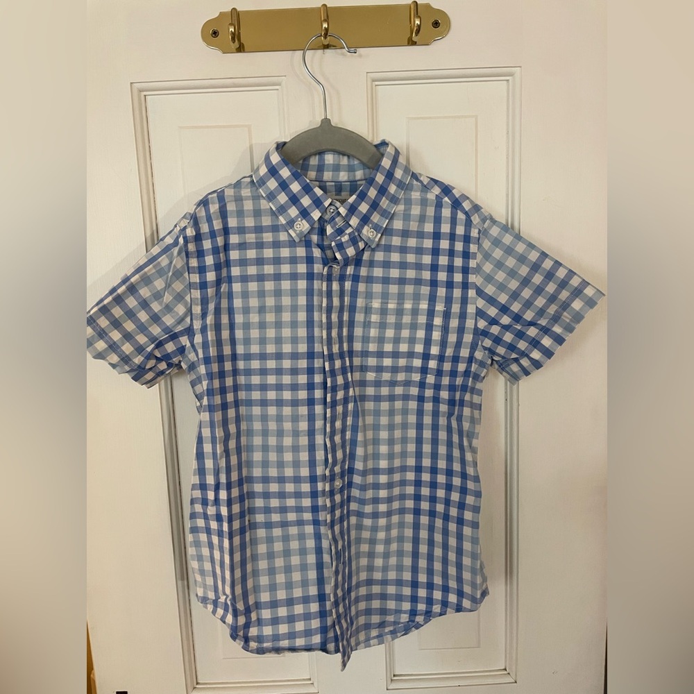 Boys JCrew Short Sleeve Blue Plaid Button Down Size 6-7